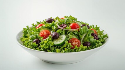 Crisp leafy salad combined with olives, tomatoes, and cucumber
