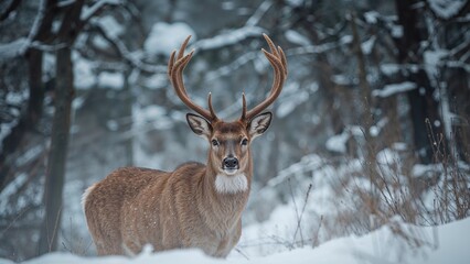 Fototapeta premium Elegant male deer in a frosty forest setting