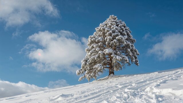 A lone conifer on a snow-blanketed rise