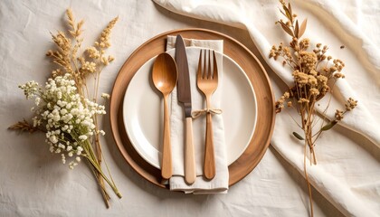 Minimalist top view of wooden cutlery on ceramic plates, styled with dried flowers and soft fabric. Natural tones, warm lighting. Ideal for lifestyle, kitchen, or dining themes.