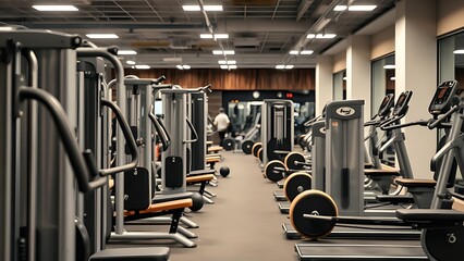 Well-equipped fitness center interior showcasing various bodybuilding machines in a clean modern design.