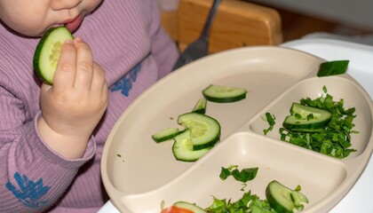 Adorable baby enjoys healthy cucumber snack at mealtime, encouraging nutritious eating habits early on