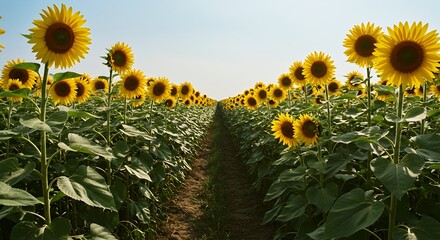 Vast sunflower field under clear sky Rows of bright yellow flowers lead to the horizon with a path cutting through the plants