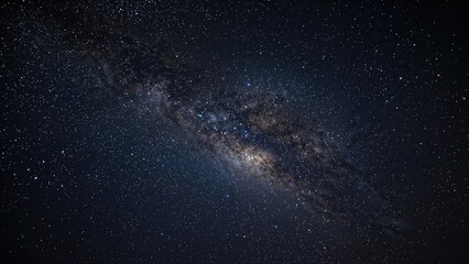 Expansive shot of the Milky Way galaxy shining brightly in the dark night. Noisy and grainy deep universe image taken with long exposure and custom white balance.