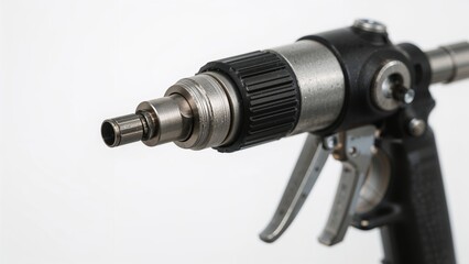 Close-up of a handheld welding torch designed for laser welding, isolated on a white backdrop