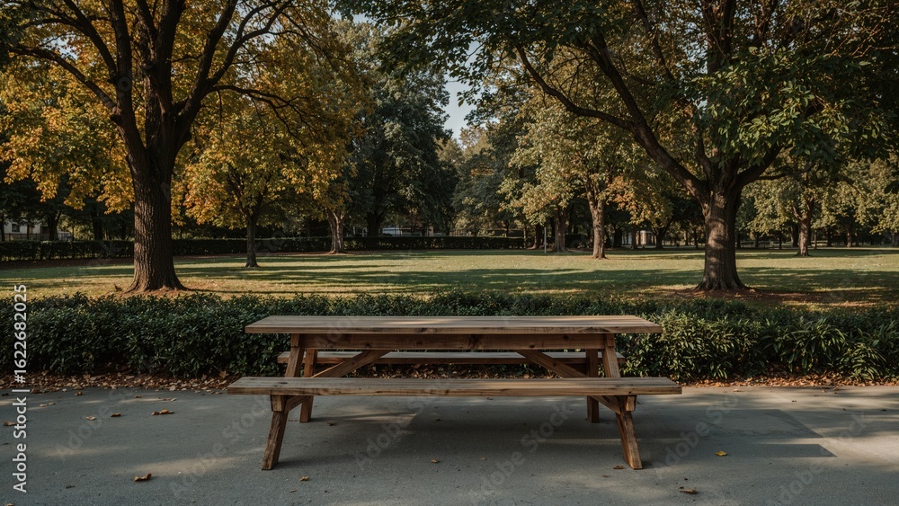 Poster extended timber dining set with benches on a stone surface surrounded by autumn foliage and trees in