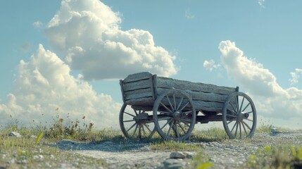 Rural landscape featuring an old wooden cart with weathered texture under sky