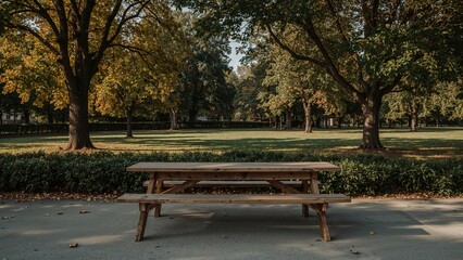 Obraz premium Extended timber dining set with benches on a stone surface surrounded by autumn foliage and trees in a park