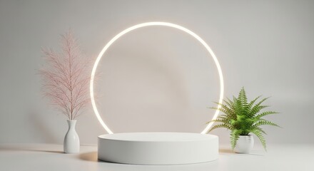 Minimalist studio display with plants neon ring light