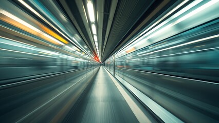 An abstract urban transit scene with dynamic motion blur and cool metallic tones.
