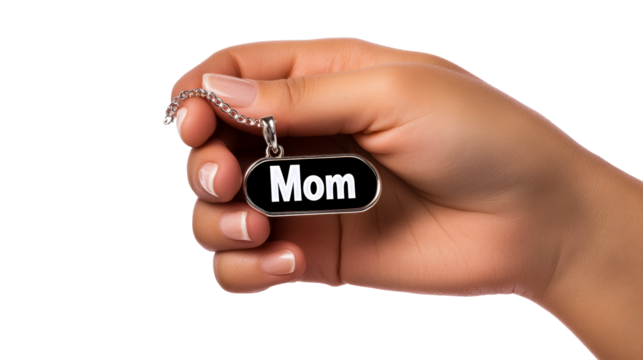 Hand holding a tag with the word Mom on a transparent background - Powered by Adobe
