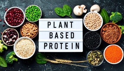 Plant based protein sources for healthy eating and a balanced diet on a dark surface