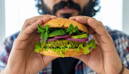 Enjoy flavorful veggie burger held by man, a delicious and healthy meal for mindful eating and well-being