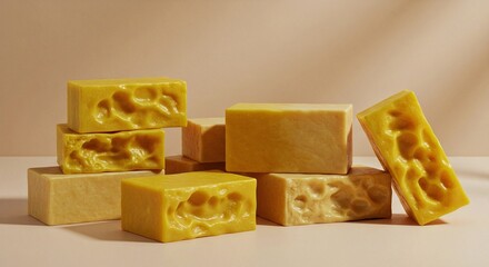 Modern studio photography of stylized cheese-like blocks, highlighting their distinct textures and warm, inviting colors.