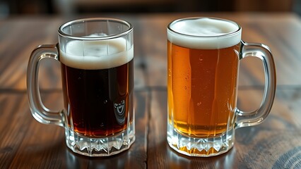 Two glass mugs with contrasting beverages on a rustic wooden table.