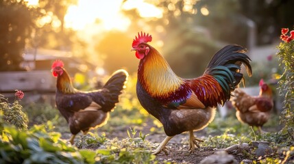 Fototapeta premium Colorful rooster and hens in a sunny garden.