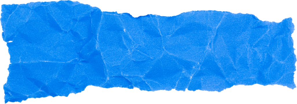 Crumpled blue textured paper strip isolated on white background for creative design or stationery projects