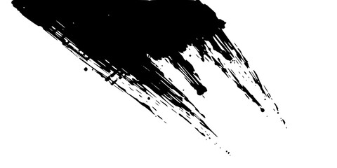 Vector art of thick black brush stroke with ink splatter isolated on white background