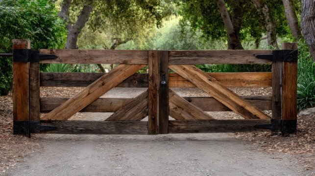 A wide wooden gate with black metal hinges is located in the middle of an outdoor park or garden. The gate is made from natural wood and has two doors. 
