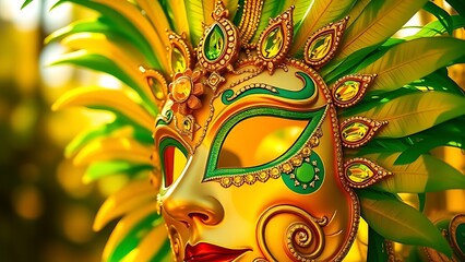 Golden-green feathered carnival mask with gemstones, representing Brazil Independence Day's festive luxury.