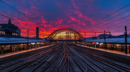 Fototapeta premium Twilight View of Urban Railway Station Architecture Showcasing City Connectivity and Elegance