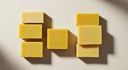 Creative food-inspired art showcasing various solid and hole-filled blocks in shades of yellow, reminiscent of cheese.