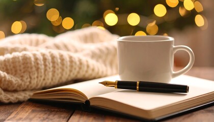 Cozy writing scene with fountain pen, open notebook, warm drink, and bokeh lights