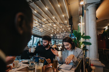 Business professionals collaborating within a stylish cafe environment, fostering discussions and teamwork.