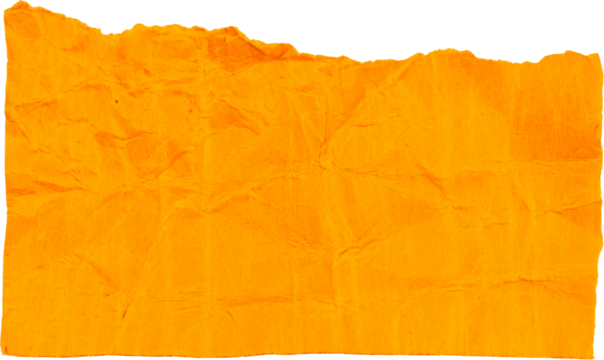 Crumpled orange paper with torn edges on white background, isolated PNG