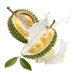 Obraz premium Fresh durian fruit splashing with milk isolated on transparent background