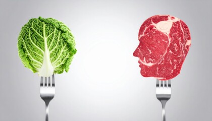 Healthy choices concept showing meat and cabbage shaped heads choosing a diet in a creative way