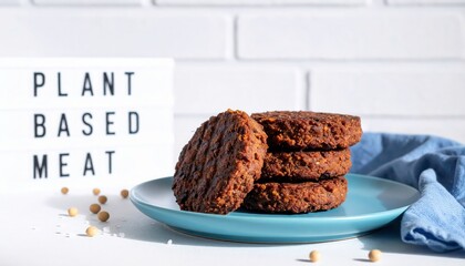 Delicious plant based vegan burgers stacked high on a plate ready to enjoy for dinner tonight