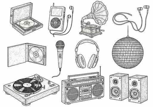 A collection of vintage and modern music listening devices, including a record player, boombox, headphones, microphone, and gramophone, all in a detailed drawing style.