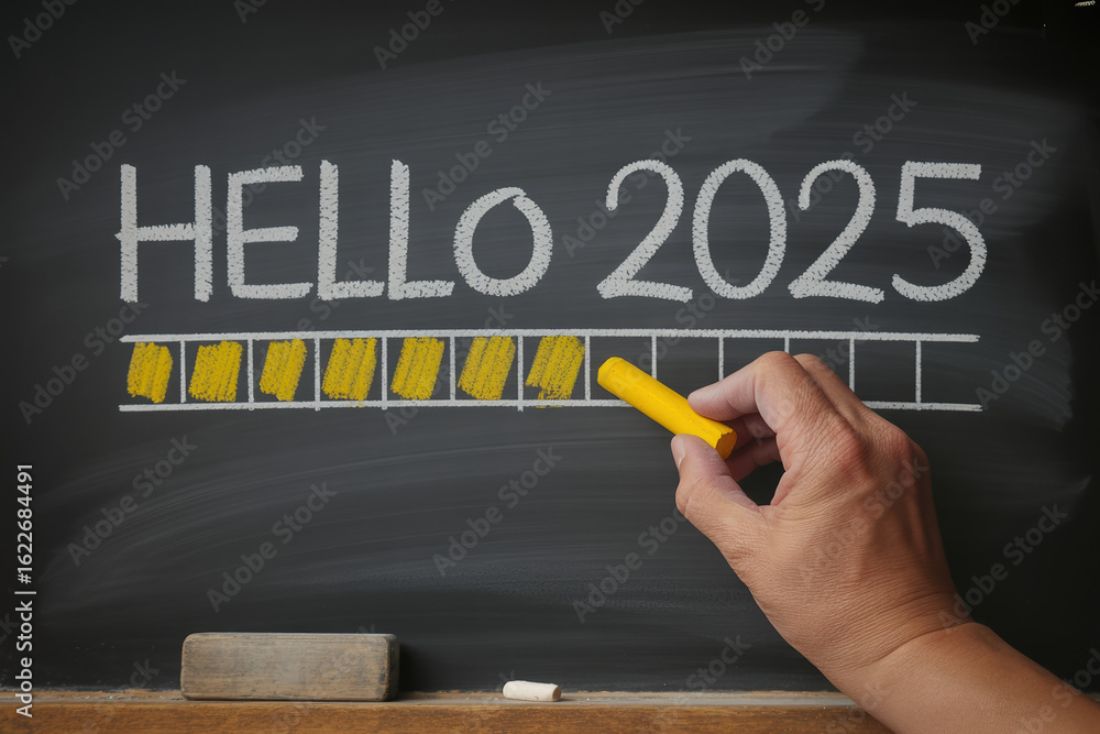Poster anticipating 2025 a chalkboard countdown with optimism and a hand guiding the progress bar to comple