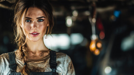 Fototapeta premium Portrait of a Young Woman with Braided Hair in a Workshop Setting