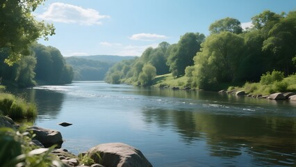 Serene river flowing through lush green forest on a sunny day