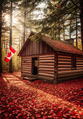 Rustic Canadian Cabin with Maple Leaves
