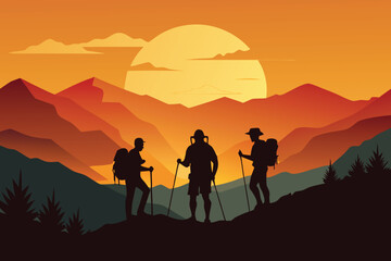 Obraz premium Silhouette of Hikers with Backpacks and Hiking Poles at Sunset in Mountain Landscape