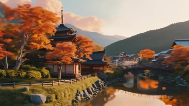 A pagoda tower in a Japanese riverside village. Mountains in the background with orange sunset clouds. A view of a village street, orange maple trees, and autumn leaves. 4K video.