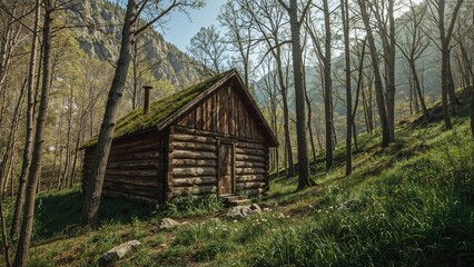 Obraz premium Spring day with a cozy log cabin surrounded by greenery