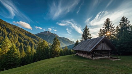 Fototapeta premium Secluded lodge amid vast mountainous terrain