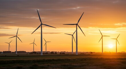 Wind turbines stand in a field at sunset with orange sky