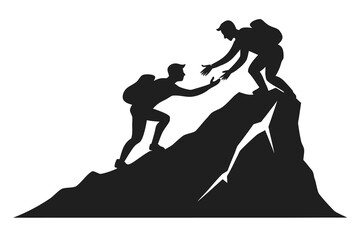 Silhouette of Two Climbers Helping Each Other Reach the Mountain Top