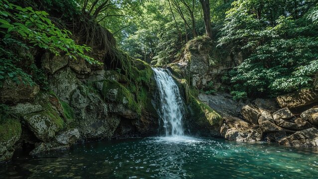 Water flows elegantly through a cavernous rock structure with two waterfalls in a tranquil setting.