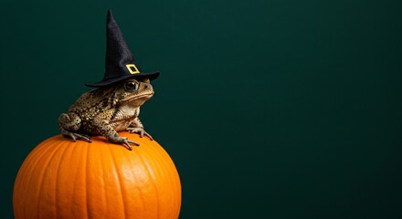 Frog wearing a witch hat sits on an orange pumpkin. Halloween animal costume concept for greeting card and autumn decoration.