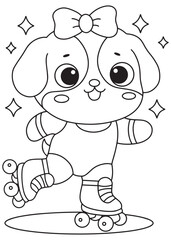 Coloring book puppy roller skating cheerfully.