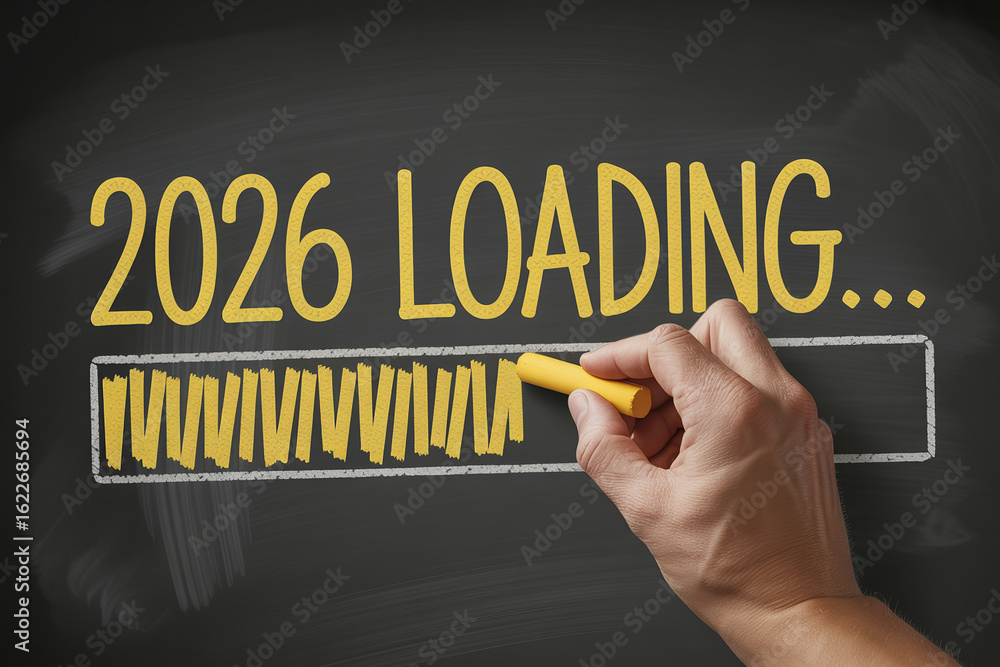 Poster anticipating the arrival of 2026 a chalkboard countdown with hand drawing progress on the loading ba