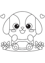 Coloring book puppy sitting happily with flowers around.