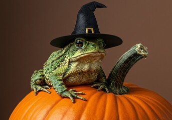 Frog wearing a witch hat sits on an orange pumpkin. Halloween animal costume concept for greeting card and autumn decoration.