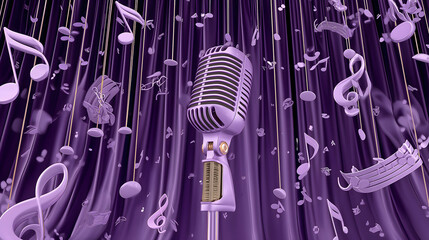 Illustration of vintage microphone with abstract purple music notes falling on dark background